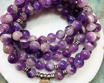 108 Mala Beads Chevron Amethyst Mala meditation protection inner peace healing yoga bracelet 8 mm natural stone beads inner peace healing