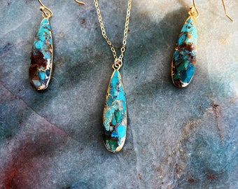 Turquoise jewelry Necklace and Earring set Gift for wife  Gold fill  Raw turquoise Gemstone Jewelry christmas gift for mom grandma