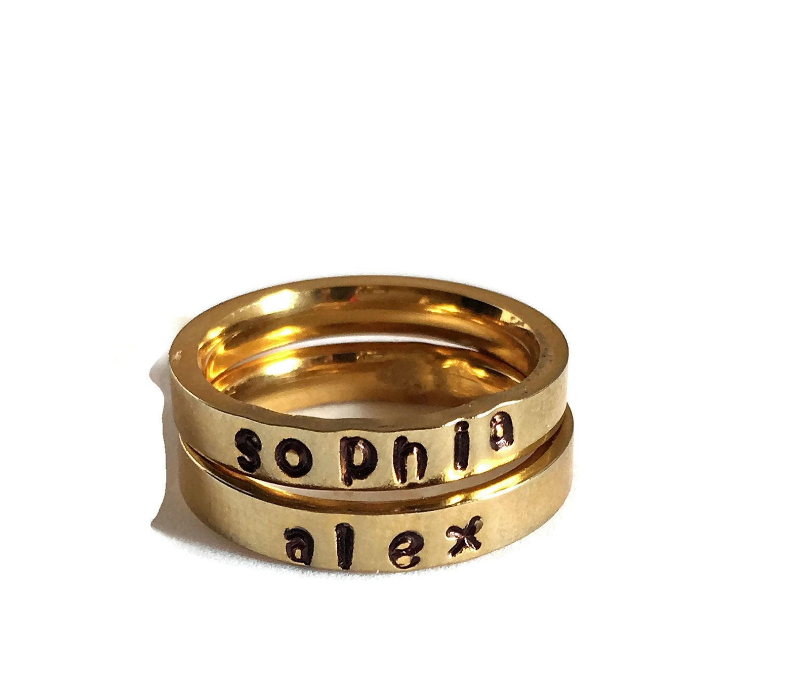 Handstamped stacking Ring Gold Name Ring Personalized Stacking | Etsy