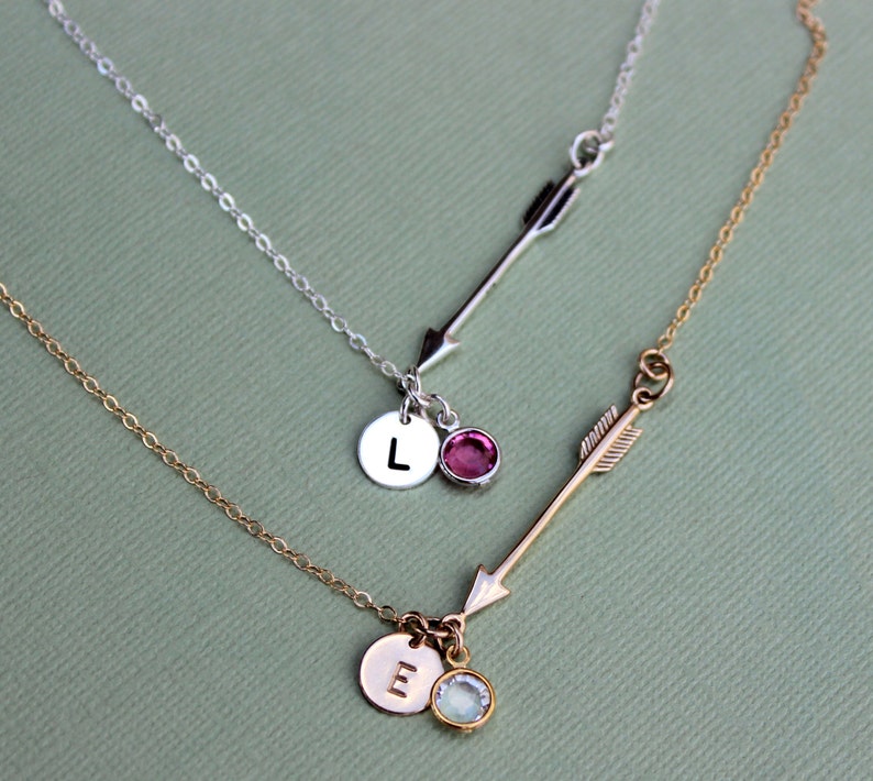 Sideways arrow necklace Birthstone necklace Sterling Silver Arrow Gold Personalized Necklace Arrow necklace Hand-stamped Disc