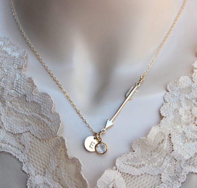 Sideways arrow necklace Birthstone necklace Sterling Silver Arrow Gold Personalized Necklace Arrow necklace Hand-stamped Disc