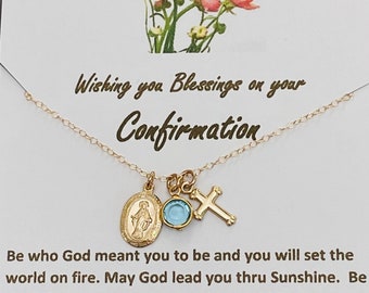 Confirmation Gifts for teenage Girl Confirmation necklace with cross and Virgin Mary pendant confirmation gift with meaningful card 14K gold