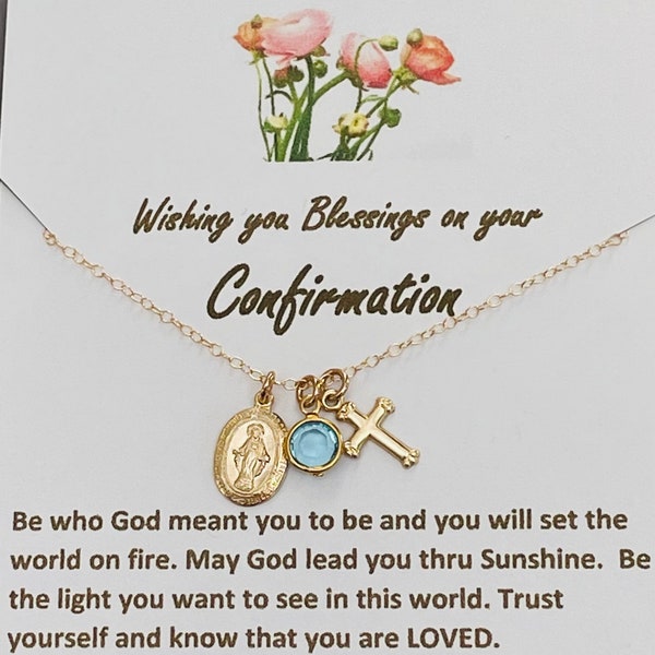 Confirmation Gifts for teenage Girl Confirmation necklace with cross and Virgin Mary pendant confirmation gift with meaningful card 14K gold