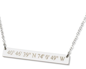 Custom Engraved Coordinate Bar Necklace: Sterling Silver, Gold