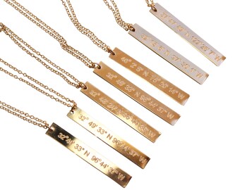 Gold Bar Vertical Necklace  Coordinate Necklace - Nameplate longitude Latitude, Location Personalized Custom Engraved Gold Bar Name Initial