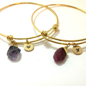 May include: Two gold bangle bracelets with charms. One charm is a purple crystal and the other is a red crystal. Each charm has a small gold disc with a letter on it. The letter on the purple crystal charm is "W" and the letter on the red crystal charm is "N".