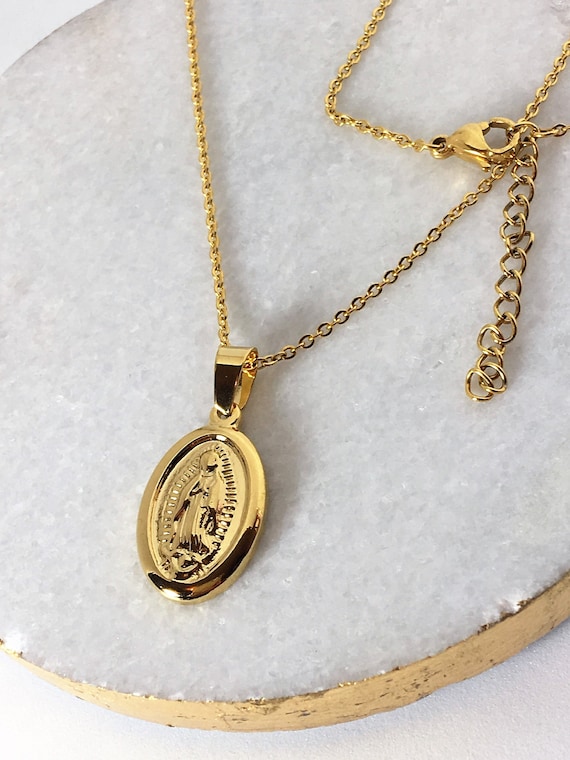 Virgin Mary Necklace Gold Medallion Necklace Catholic Gift Etsy