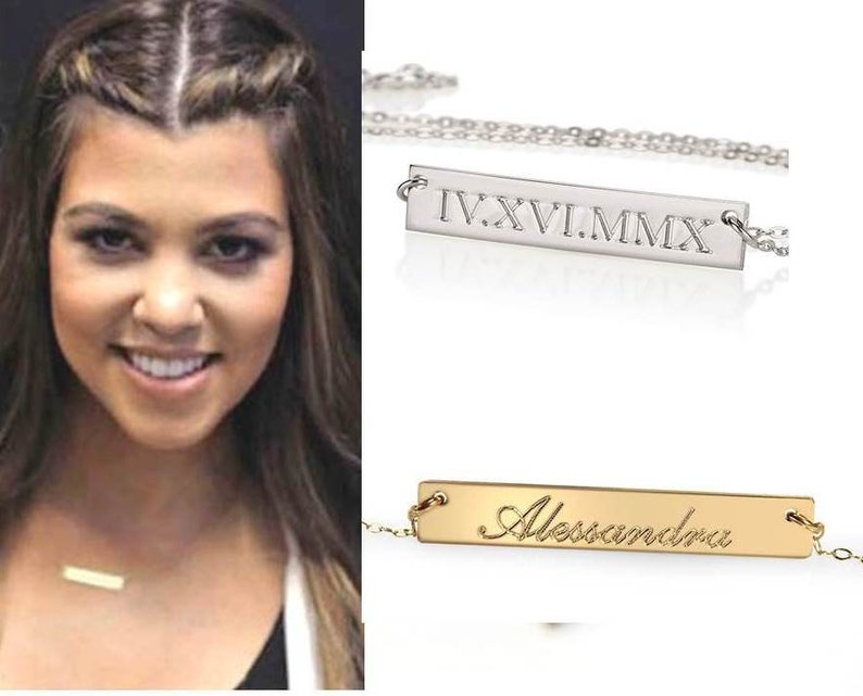 Personalized Gold Bar Necklace Mothers Children/'s Name Monogram Silver Celebrity Style Engraved Bar Necklace Nameplate Name Necklace