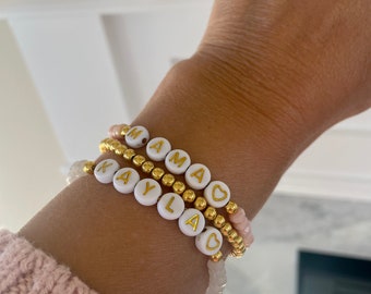 Gold Letter Custom Name bracelet, Personalized Word Bracelet, Beaded Bracelet, Stacking Mama Bracelet, Kids Name Bracelet, beaded bracelet,