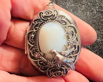 Silver Locket, Opal type and bird.. so pretty