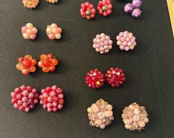 Vintage Bright Beaded Earring Lot, Statement Clip-On Earrings