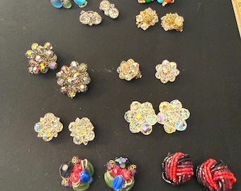 Earring Lot, Mid-Century Cluster Clip-On Earrings, Retro Beaded Statement Jewelry, Collectible Vintage Set