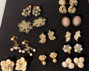 Vintage Cream & Pearl Earring Lot, Classic Clip-On Earrings, Retro Pearl-Tone Collection