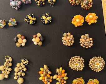 Vintage Earth Tone Earring Lot, Mid-Century Metallic Clip-On Earrings