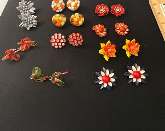 Vintage Novelty Earring Lot, 1960s Wire Coil Earrings, Retro Floral Clip-Ons, Mid-Century Quirky Jewelry, Colorful Enamel Flower Set