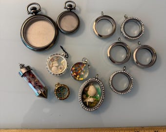 Floating Locket & Memory Pendant Bundle – Mixed Lot of Floating Charms, Crystal Vials, and Glass Case Pendants – Jewelry Crafting Supply