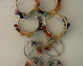 Chakra Crystal Hoop Earrings & Tree of Life Earrings – Handmade Wire-Wrapped Gemstone Jewelry – Healing Stone Jewelry LOT