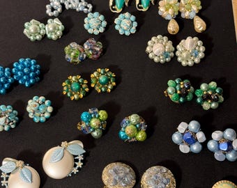 Vintage Blue & Green Earring Collection, Mixed Clip-On Earrings, Mid-Century Style Jewelry Lot, Statement Retro Earrings, Teal and Turquoise
