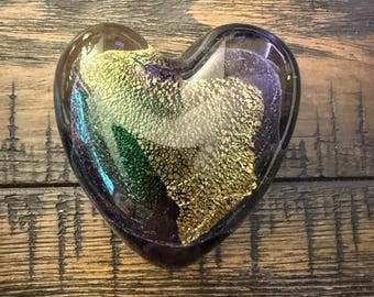 Signed Robert Eickholt Art Glass Heart – Vintage 1992 – Dichroic Iridescent Purple & Gold Studio Glass Paperweight