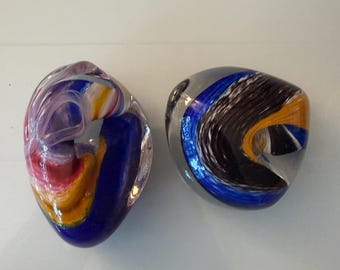 2 Hand-Blown Studio Art Glass Paperweight – Multicolored Spiral Swirl Design