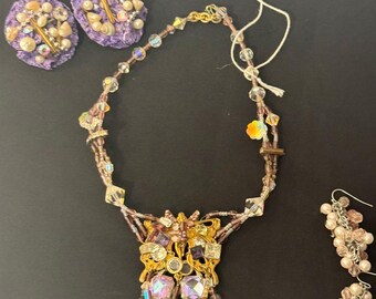 Maximalist Statement Jewelry Set: Ornate Butterfly Pendant Necklace and Mixed Media Earrings
