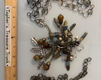 Artisan Statement Necklace - Boho Nature-Inspired Charm Cluster - Crystal, Feather & Leaf Accents – Bohemian Chunky Mixed-Metal Jewelry