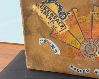 Vintage Roller Skate Suitcase with Rare Mid-Century Roller Rink Decals – Authentic Retro Skate Memorabilia Display Trunk