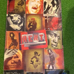 May include: A rectangular poster for the musical RENT featuring a collage of various character portraits in warm tones of red, orange, and yellow. The title RENT is displayed in large, bold letters. Text at the bottom reads: RENT book, music and lyrics by JONATHAN LARSON, directed by MICHAEL GREIF.