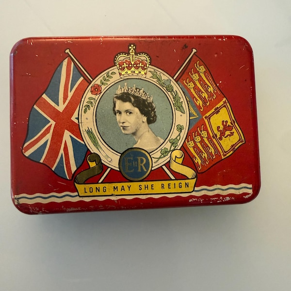 Vintage Queen Elizabeth II Coronation Tin | Long May She Reign Metal Tin