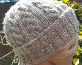 Wool knitted cable beanie hat sizes M L , choose your color