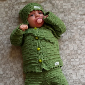 Hand Knit Baby/ Toddler Sweater Set in Bright Green Jacket, Romper, Hat ...