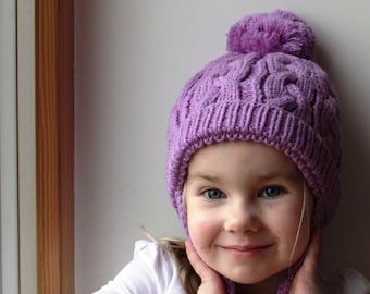 Merino wool Hand Knit hat for kids, teens/ adults. Cable knit pom pom beanie in light orchid purple. More colors