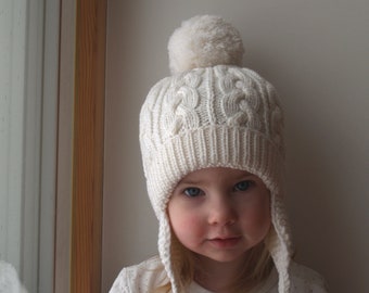 Hand Knit merino winter hat for kids, teens, adults. White Cable knit Pompom beanie with(out) ear flaps.Any color