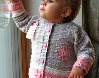 Hand Knit Sweater, Baby Girl Cardigan. Light grey, Merino Wool Baby Jacket with flower. Sizes 0-3-6-12-24 READY TO SHIP