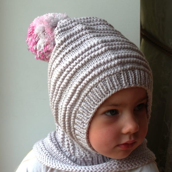 Light grey Merino Pixie Balaclava Baby/ Toddler/ Girl Hoodie hat with Pink melange Pom Pom.