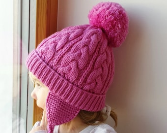 Beauty Pink Hand Knit winter hat for girls and Moms. Pom pom beanie with (out) ear flaps.