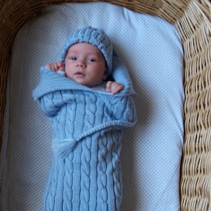 Newborn Cocoon, Light Blue Baby Cocoon with brided hat, Cable Knit Newborn Sack and Hat Set, Merino wool. More colors available