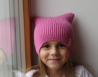 Roze winter kattenmuts, warme hand gebreide hoed, effen kleur Kitty muts, capsule stuk voor meisjes, kinderen, tieners, vrouwen. Merinowol. Meer kleuren.