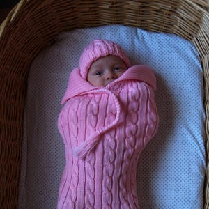 Light Pink Newborn Cocoon, Baby Cocoon with brided hat, Cable Knit Newborn Sack and Hat Set, Merino wool. More colors available