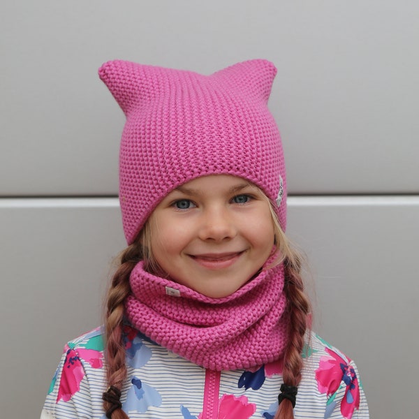 Ensemble Hiver chaud, bonnet &boucle tube écharpe. Hand Knit Cat Cap and Scarf pour les tout-petits, les enfants, les adolescents, les adultes. Effet cagoule. Plus de couleurs