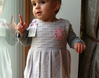 Hand Knit Tank Dress in light grey, Merino Wool Winter Sleeveless Dress for baby/ toddler girl. Size  0-3 -6-12. READY TO SHIP 6-12 Months