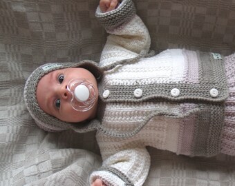 Größen 0-3-6-12-24 Monate. Hand stricken Baby/Kleinkind Pullover Set in weiß/grau-Jacke, Hose und Hut für Baby, Merino-Wolle.