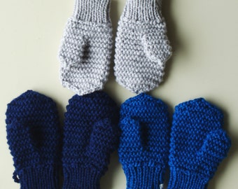 Merino Wool mittens for toddler/ children. Hand Knit Accessory for boys, Blue mittens with string. More colors. Size 6-12M,1-3-6-10 years