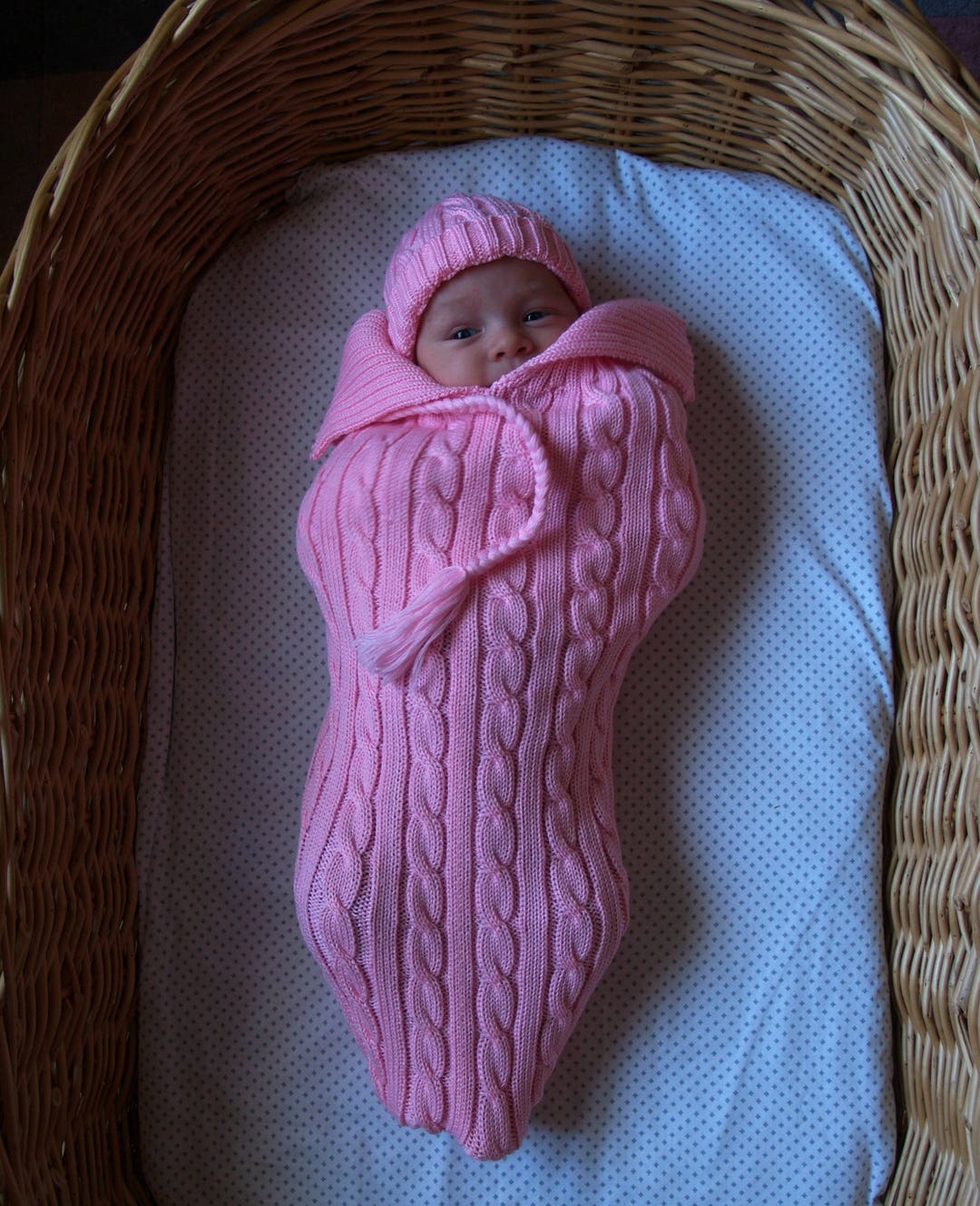 Light Pink Newborn Cocoon, Baby Cocoon With Brided Hat, Cable Knit