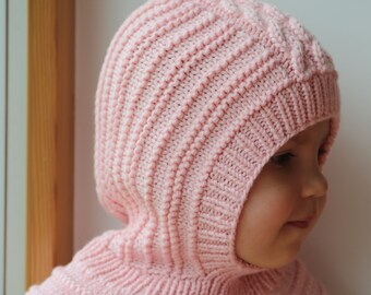 Merino Wool Balaclava Hat, Baby/Toddler Hoodie hat, Light Pink hat & Neckwarmer. Size 6-12m / 1-3-6-10 years.