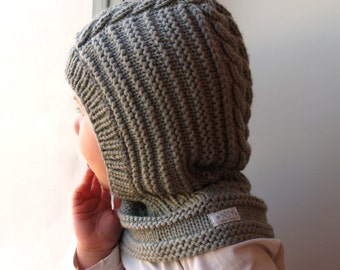 Merino wool Balaclava, Baby/ Toddler/ Children hat. Olive Grey, Hat with Neckwarmer.