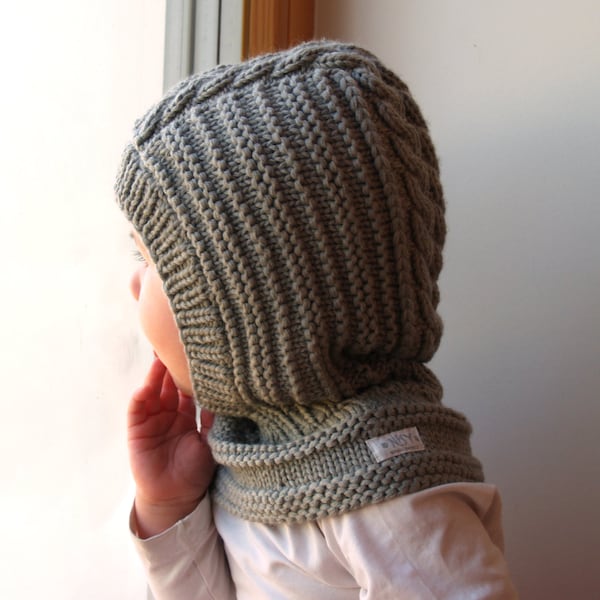 Balaclava de lana Merino, sombrero bebé / niño / niño. Gris oliva, sombrero con neckwarmer.