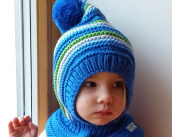 Merino Pixie Balaclava winter Hat, Baby/ Toddler/ Kid Hoodie hat with PomPom, Royal Blue.