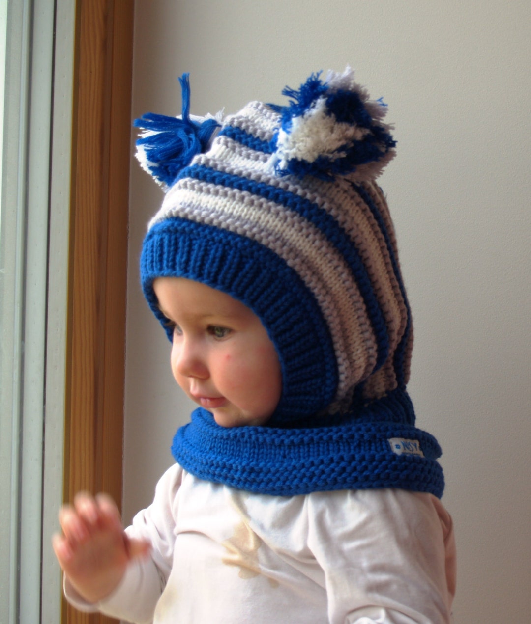 Merino Wool Balaclava Hat,baby/toddler Hoodie Hat With Pom Poms,royal ...