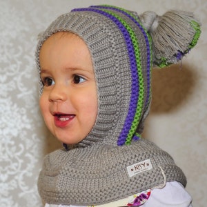 Grey Baby, Toddler Boy's Balaclava hat. Merino wool Hoodie Hat with Pom Poms and neckwarmer. Size 6-12m / 1-3-6-10 years. 画像 2